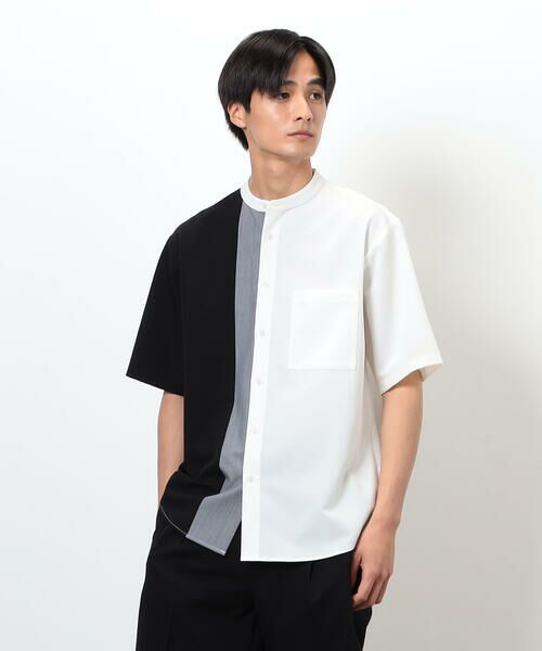 COMME CA ISM / コムサイズム シャツ・ブラウス | ウールライク バンドカラー ブロッキング半袖シャツ | 詳細3