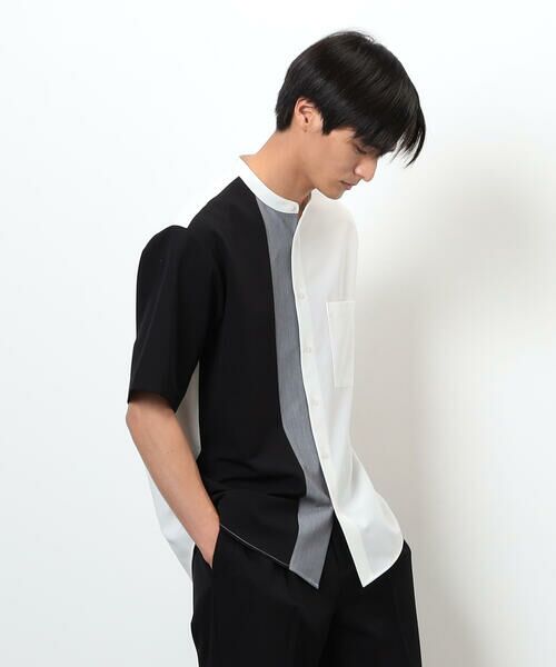 COMME CA ISM / コムサイズム シャツ・ブラウス | ウールライク バンドカラー ブロッキング半袖シャツ | 詳細4