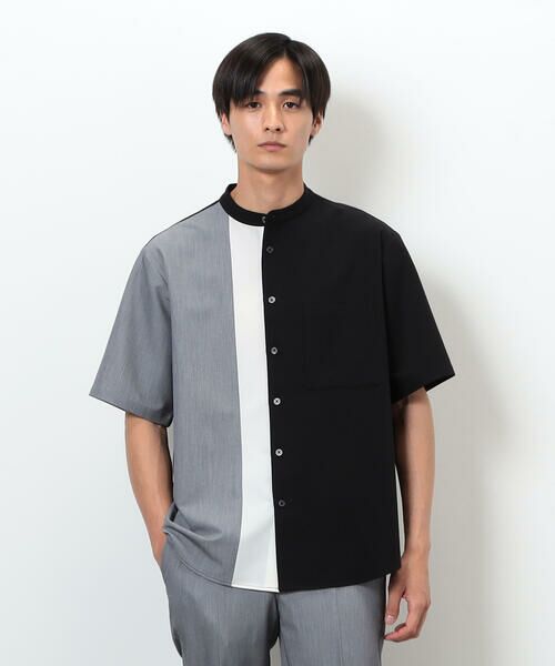 COMME CA ISM / コムサイズム シャツ・ブラウス | ウールライク バンドカラー ブロッキング半袖シャツ | 詳細15