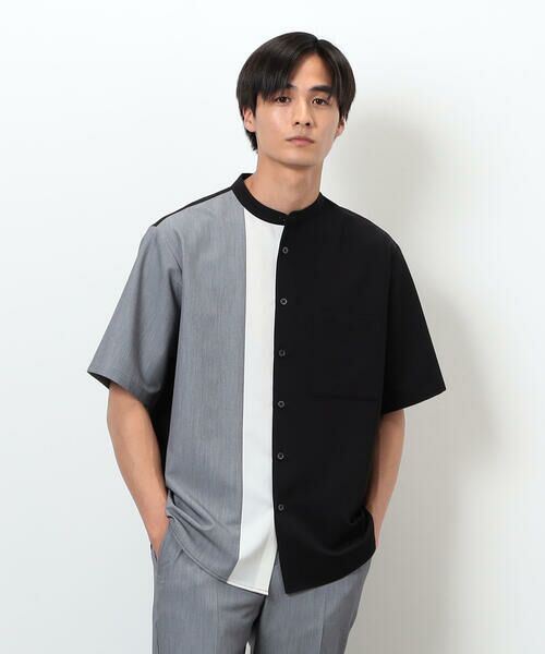 COMME CA ISM/コムサイズム ウールライク バンドカラー ブロッキング半袖シャツ ブラック M COMME CA ISM/コムサイズム ウールライク バンドカラー ブロッキング半袖シャツ ブラック M