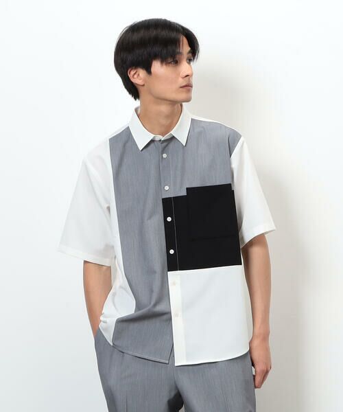 COMME CA ISM/コムサイズム ウールライク ショートポイントカラー ブロッキング半袖シャツ ホワイト M COMME CA ISM/コムサイズム ウールライク ショートポイントカラー ブロッキング半袖シャツ ホワイト M