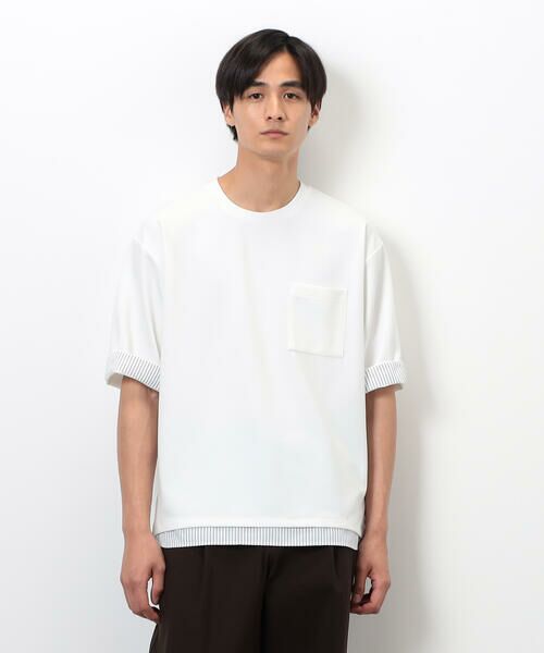 COMME CA ISM/コムサイズム ストレッチポンチ×ストライプコンビTシャツ ホワイト M COMME CA ISM/コムサイズム ストレッチポンチ×ストライプコンビTシャツ ホワイト M