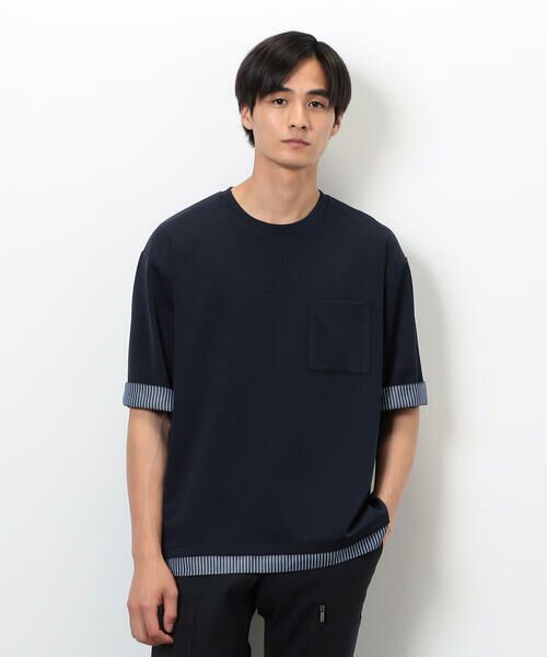 COMME CA ISM/コムサイズム ストレッチポンチ×ストライプコンビTシャツ ネイビー M COMME CA ISM/コムサイズム ストレッチポンチ×ストライプコンビTシャツ ネイビー M