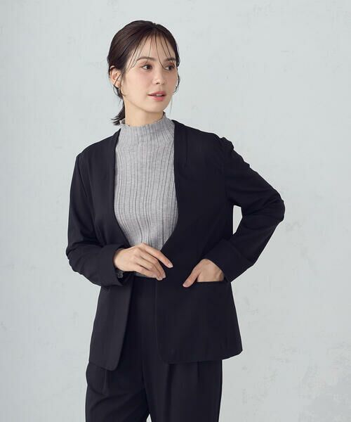 COMME CA ISM/コムサイズム 【ウォッシャブル】メランジジャージ&ナイロンレーヨンポンチ ノーカラージャケット ブラック L COMME CA ISM/コムサイズム 【ウォッシャブル】メランジジャージ&ナイロンレーヨンポンチ ノーカラージャケット ブラック L