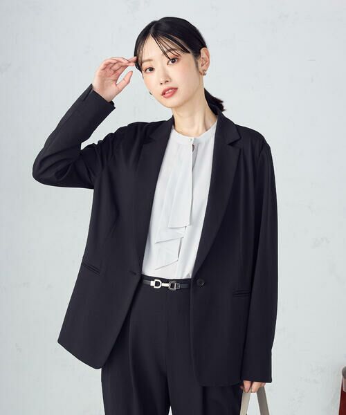 COMME CA ISM/コムサイズム 【ウォッシャブル】メランジジャージ＆ナイロンレーヨンポンチ テーラードジャケット ブラック L