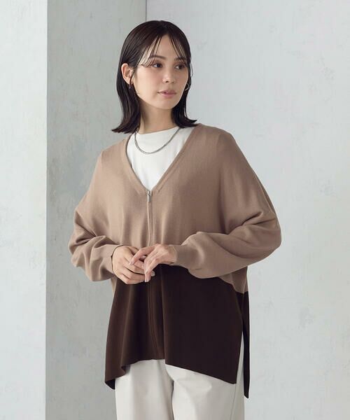 COMME CA ISM / コムサイズム カーディガン・ボレロ | バイカラー ポンチョカーディガン(ブラウン)