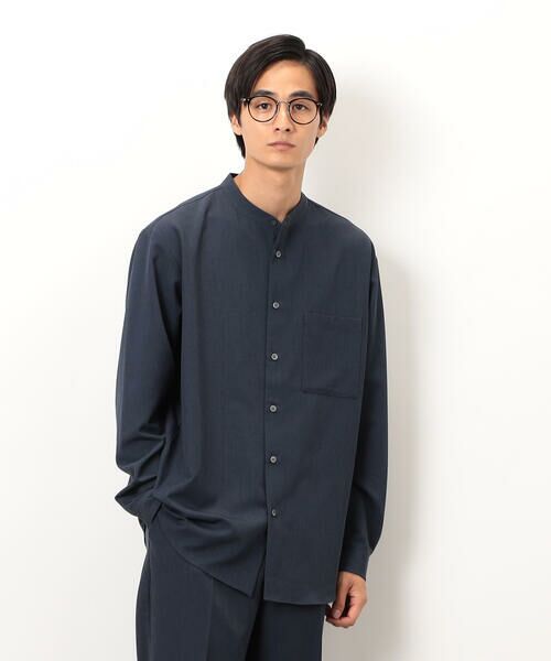 COMME CA ISM/コムサイズム ウールライク バンドカラー 長袖シャツ ネイビー S COMME CA ISM/コムサイズム ウールライク バンドカラー 長袖シャツ ネイビー S