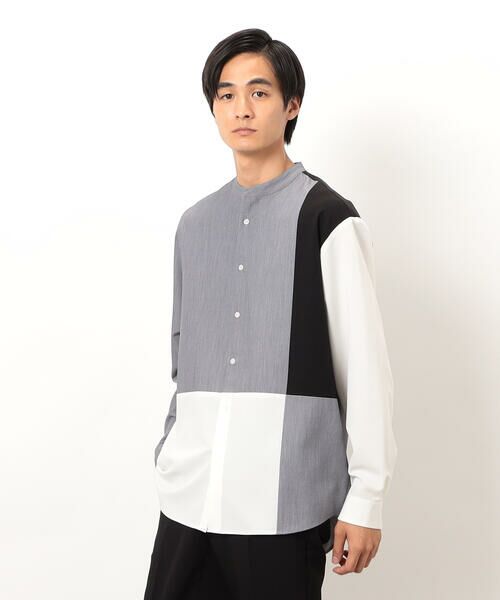 COMME CA ISM/コムサイズム ウールライク バンドカラーブロッキング 長袖シャツ グレー M COMME CA ISM/コムサイズム ウールライク バンドカラーブロッキング 長袖シャツ グレー M