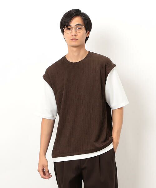 COMME CA ISM/コムサイズム ケーブル柄 ベスト フェイクレイヤード Tシャツ ダークブラウン L COMME CA ISM/コムサイズム ケーブル柄 ベスト フェイクレイヤード Tシャツ ダークブラウン L