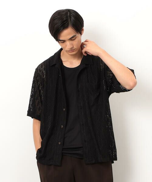 COMME CA ISM / コムサイズム シャツ・ブラウス | 透かし柄レース オープンシャツ(ブラック)