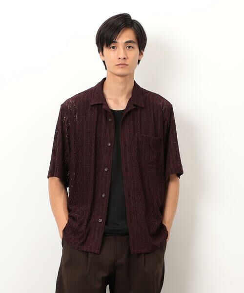 COMME CA ISM / コムサイズム シャツ・ブラウス | 透かし柄レース オープンシャツ(ボルドー)