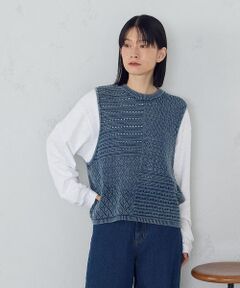 COMME CA ISM / コムサイズム ベスト | 製品染めウォッシュ　透かし柄ニットベスト