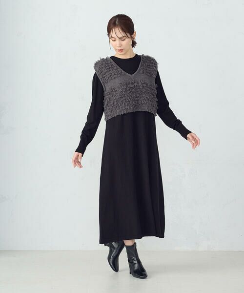 COMME CA ISM / コムサイズム ロング・マキシ丈ワンピース | 【ウォッシャブル】セットアイテム ループベスト付きレイヤードワンピース(ブラック)