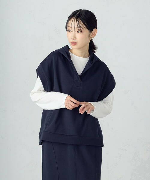 COMME CA ISM / コムサイズム カットソー | 【セットアイテム】 裏毛フーディベスト+ロンT / セットアップ対応（ネイビー）