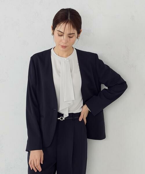 COMME CA ISM / コムサイズム ノーカラージャケット | 【セットアップ対応】ポリエステルツイル ノーカラージャケット(ネイビー)