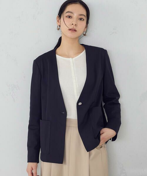 COMME CA ISM / コムサイズム ノーカラージャケット | 鹿の子シングル ブレストカラーレスジャケット(ネイビー)