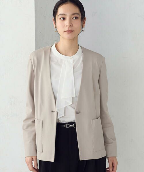 COMME CA ISM / コムサイズム ノーカラージャケット | 鹿の子シングル ブレストカラーレスジャケット(ベージュ)