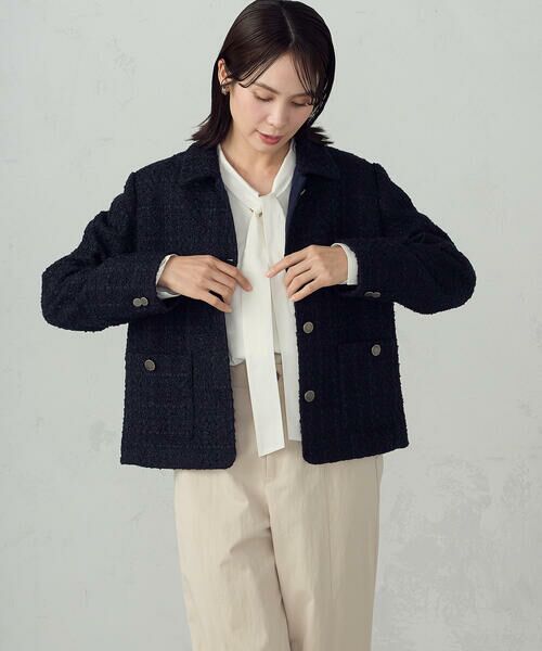 COMME CA ISM / コムサイズム その他アウター | ファンシーツイード ステンカラーショートジャケット（ネイビー）