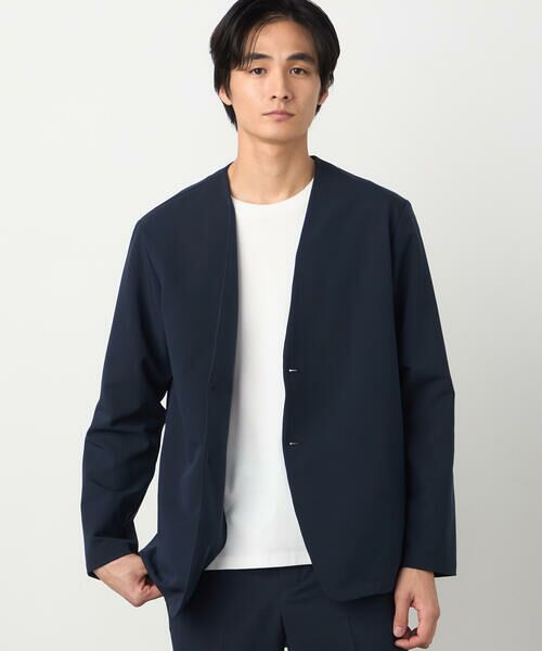 COMME CA ISM / コムサイズム ノーカラージャケット | 【セットアップ対応】ポリエステル レーヨン ストレッチツイル ノーカラージャケット(ネイビー)
