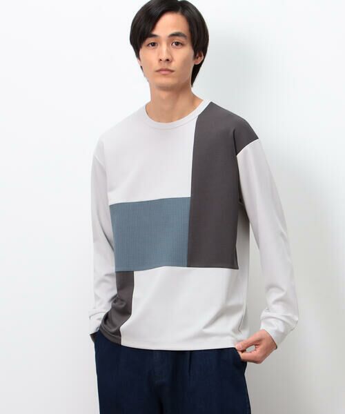 COMME CA ISM / コムサイズム Tシャツ | ストレッチポンチ×ワッフル ブロッキング 長袖Ｔシャツ（ライトグレー）