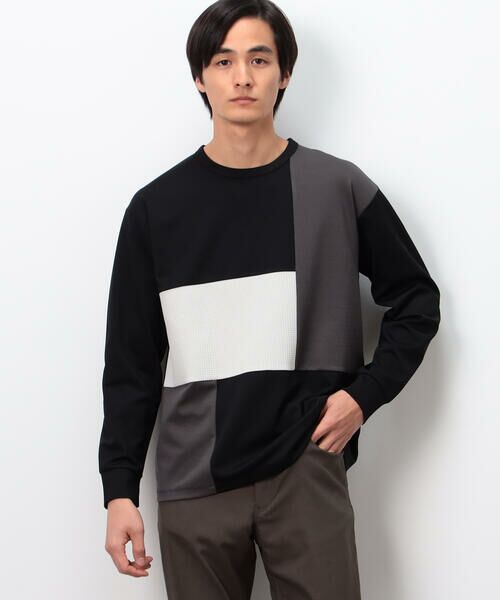 COMME CA ISM / コムサイズム Tシャツ | ストレッチポンチ×ワッフル ブロッキング 長袖Ｔシャツ（ブラック）
