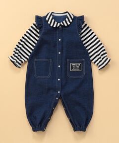 COMME CA ISM / コムサイズム ロンパース | デニムライクストレッチ 肩フリル フェイクレイヤードツーウェイオール