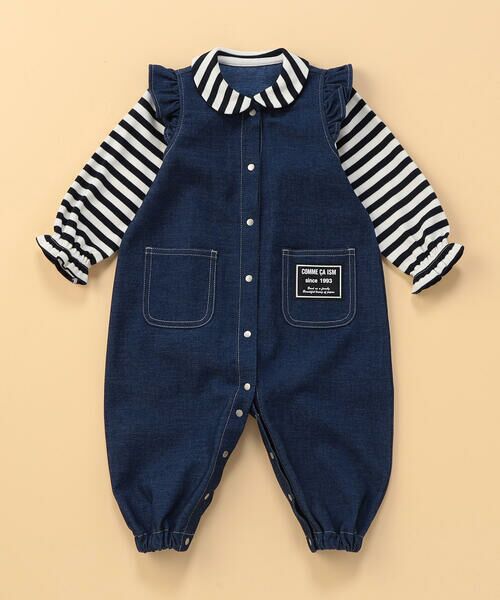 COMME CA ISM / コムサイズム ロンパース | デニムライクストレッチ 肩フリル フェイクレイヤードツーウェイオール（ブルー）