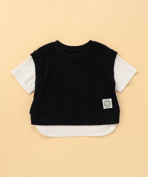 COMME CA ISM / コムサイズム Tシャツ | ケーブルジャカード フェイクレイヤード 半袖Tシャツ (ベビーサイズ)（ネイビー）