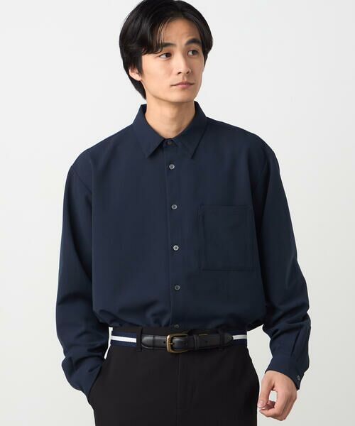 COMME CA ISM / コムサイズム シャツ・ブラウス | ウールライクストレッチツイル ショートポイントカラーシャツ(ネイビー)