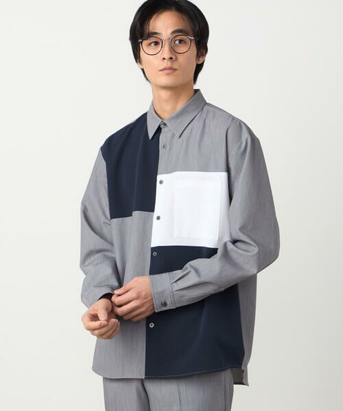 COMME CA ISM / コムサイズム シャツ・ブラウス | ウールライク ストレッチツイル ブロッキングシャツ(グレー)