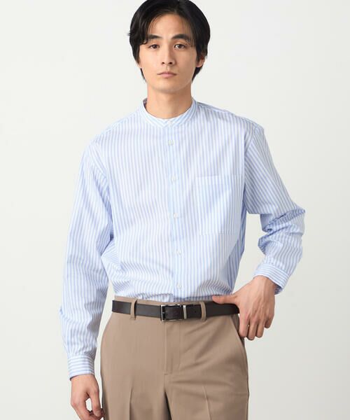 COMME CA ISM / コムサイズム シャツ・ブラウス | 綿 ナイロン ストレッチ ストライプ バンドカラーシャツ（ホワイト）