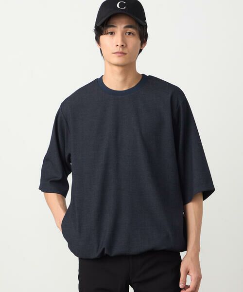 COMME CA ISM / コムサイズム カットソー | デニムライクストレッチ ５分袖プルオーバー（ネイビー）