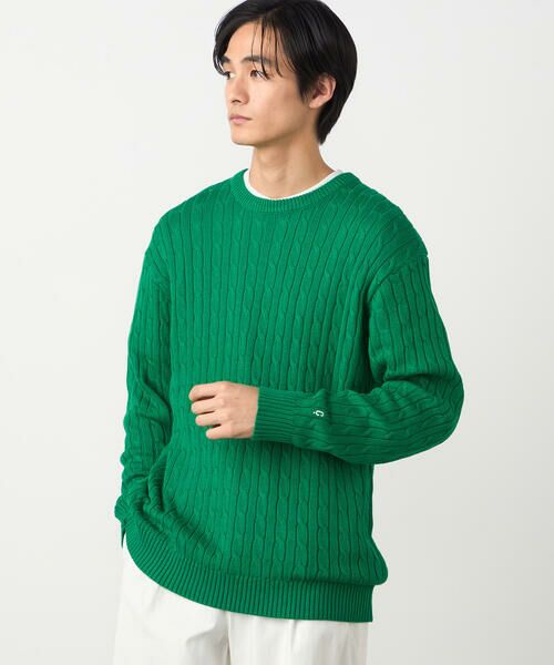 COMME CA ISM / コムサイズム ニット・セーター | ケーブル柄 クルーネックプルオーバー（グリーン）