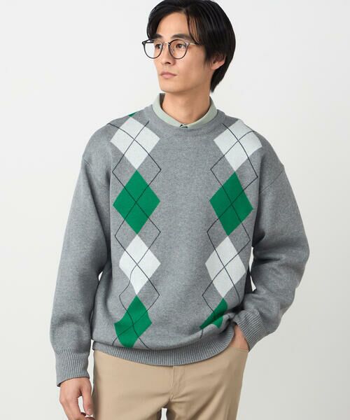 COMME CA ISM / コムサイズム ニット・セーター | アーガイル柄 クルーネックプルオーバー（グレー）