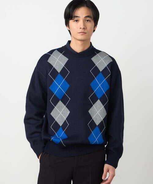 COMME CA ISM / コムサイズム ニット・セーター | アーガイル柄 クルーネックプルオーバー（ネイビー）
