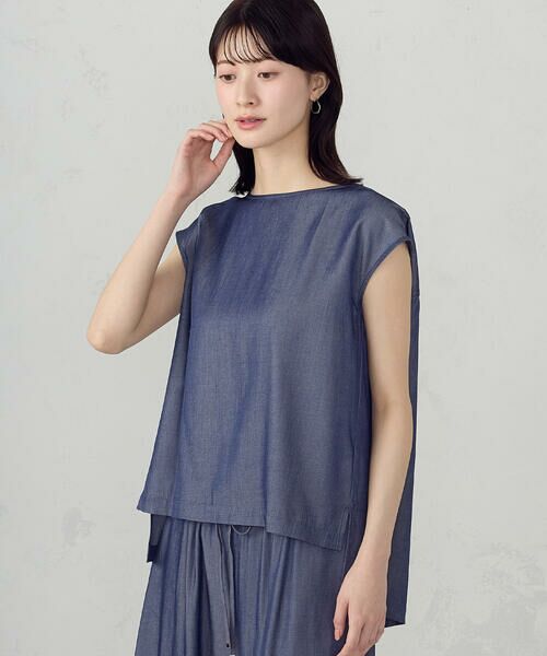 COMME CA ISM / コムサイズム シャツ・ブラウス | 後ろ開きノーカラーブラウス/セットアップ対応（ネイビー）