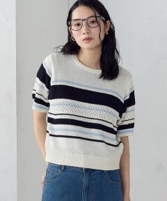 COMME CA ISM / コムサイズム ニット・セーター | マルチボーダー 地柄五分袖ニット