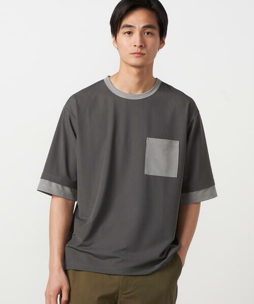 COMME CA ISM / コムサイズム Tシャツ | 軽量スクエアジャガード フェイクレイヤードTシャツ（グレー）