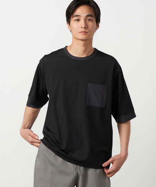 COMME CA ISM / コムサイズム Tシャツ | 軽量スクエアジャガード フェイクレイヤードTシャツ（ブラック）