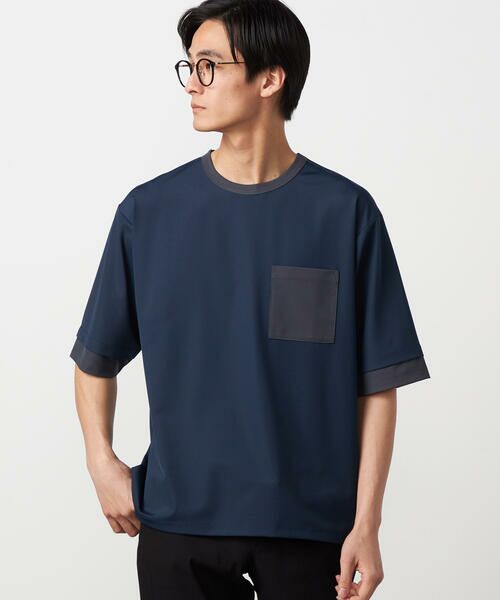 COMME CA ISM / コムサイズム Tシャツ | 軽量スクエアジャガード フェイクレイヤードTシャツ（ネイビー）