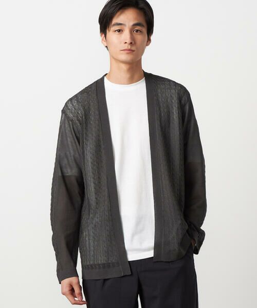 COMME CA ISM / コムサイズム カーディガン・ボレロ | 【セットアイテム】リネンライクケーブル ボタンレスカーディガン＋T/C天竺Tシャツ（チャコール）