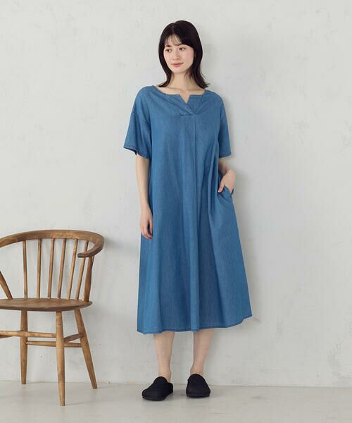 COMME CA ISM / コムサイズム ロング・マキシ丈ワンピース | デニム 半袖アッパッパ（ブルー）