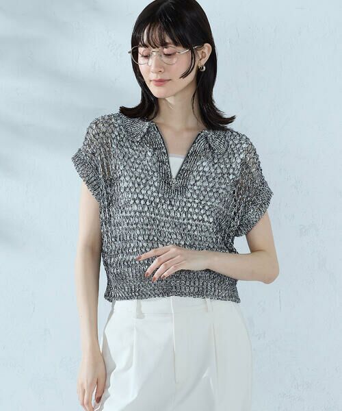 COMME CA ISM / コムサイズム ニット・セーター | ミックスカラーメッシュ 襟付きジップニット | 詳細3