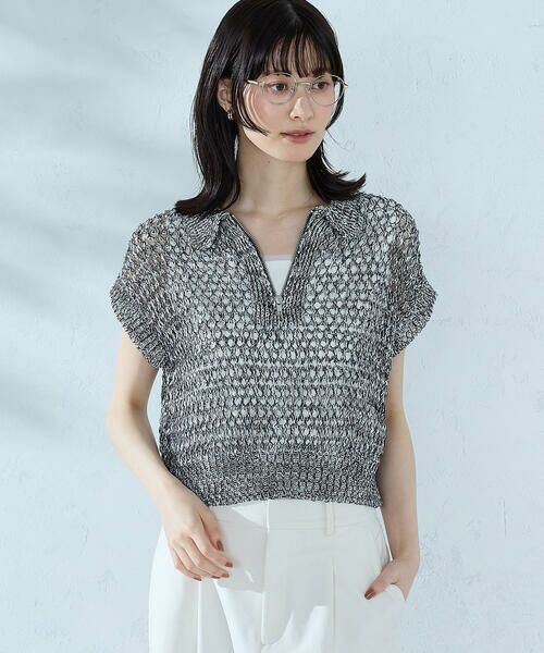 COMME CA ISM / コムサイズム ニット・セーター | ミックスカラーメッシュ 襟付きジップニット（ネイビー）