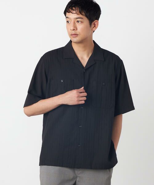 COMME CA ISM / コムサイズム シャツ・ブラウス | ドビーオックス×カラミストライプ 半袖キューバシャツ（ブラック）