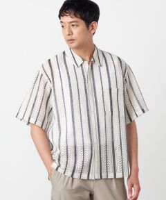 COMME CA ISM / コムサイズム シャツ・ブラウス | クロシェ編み風 ストライプ柄レース ショートポイントカラーシャツ