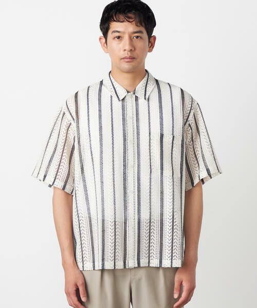 COMME CA ISM / コムサイズム シャツ・ブラウス | クロシェ編み風 ストライプ柄レース ショートポイントカラーシャツ | 詳細6