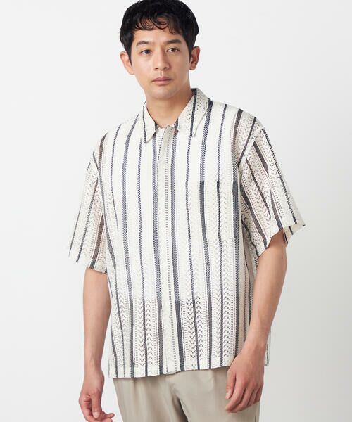 COMME CA ISM / コムサイズム シャツ・ブラウス | クロシェ編み風 ストライプ柄レース ショートポイントカラーシャツ | 詳細5