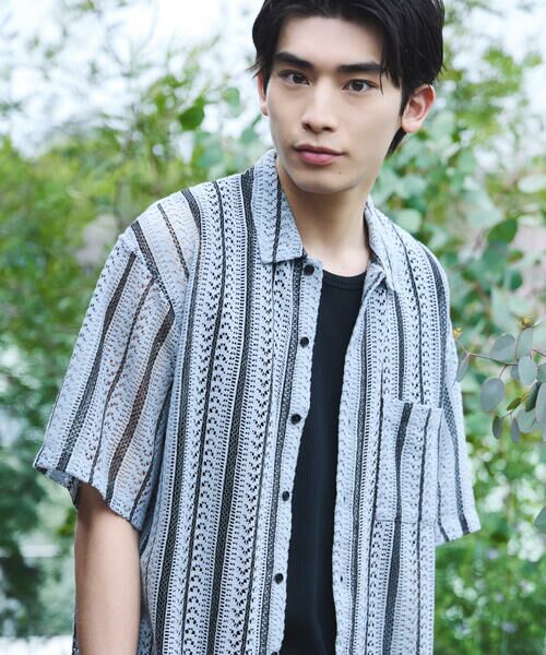 COMME CA ISM / コムサイズム シャツ・ブラウス | クロシェ編み風 ストライプ柄レース ショートポイントカラーシャツ | 詳細14