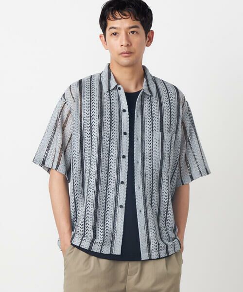 COMME CA ISM / コムサイズム シャツ・ブラウス | クロシェ編み風 ストライプ柄レース ショートポイントカラーシャツ | 詳細18